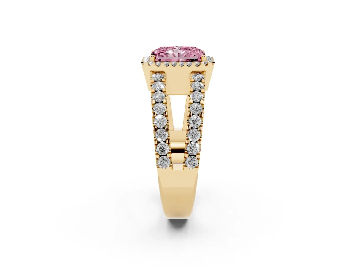 Fancy Pink Radiant Cut Cut Halo Split Shank Diamond Ring with Four-Prong Setting Yellow gold