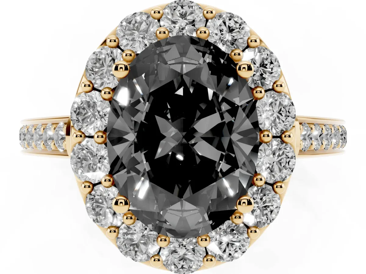 Fancy Black Oval Cut Diamond Floral Halo Ring with Pavé Band and Prong Setting Yellow gold