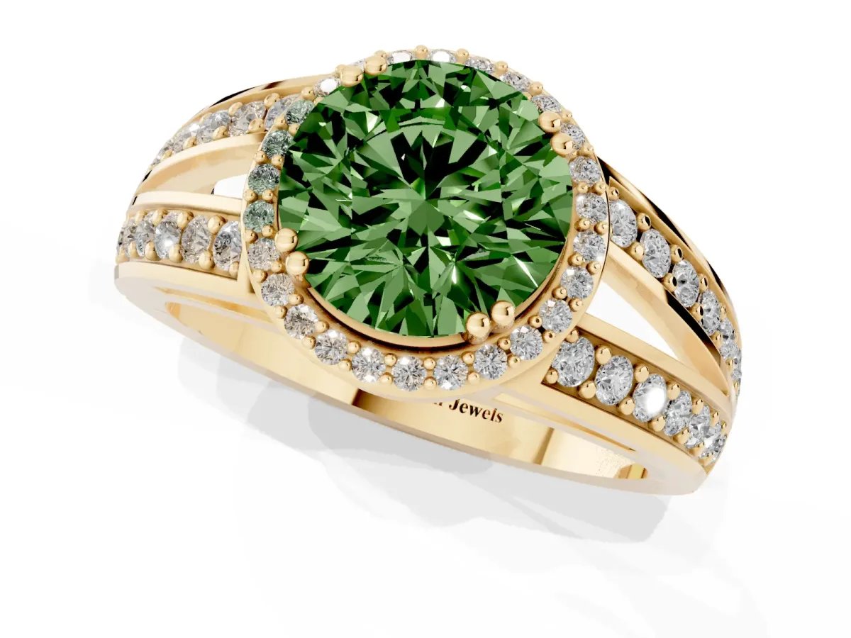 Fancy Green Round Cut Diamond Halo Ring with Split Shank Pavé Band and Four-Prong Setting Yellow gold