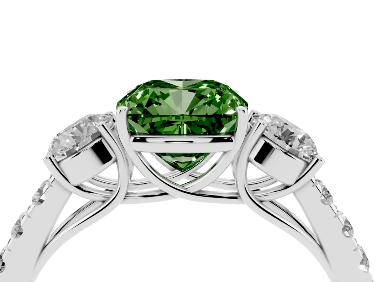 Fancy Green Cushion Cut Cut Diamond Three-Stone Ring with Round Side Stones and Pavé Band Silver