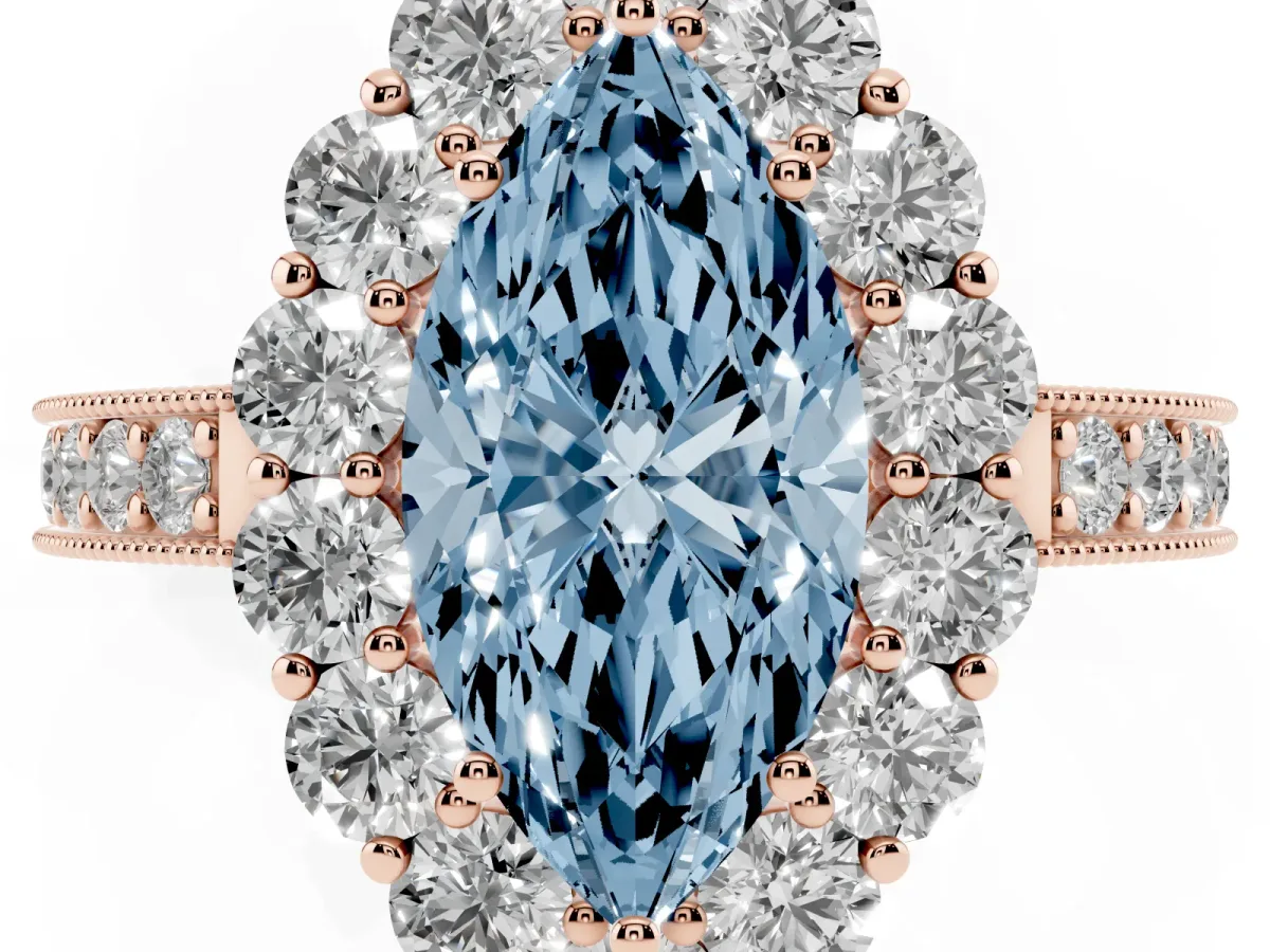 Fancy Blue Marquise Cut Cut Halo Diamond Pavé Engagement Ring with Milgrain Detailing Rose gold