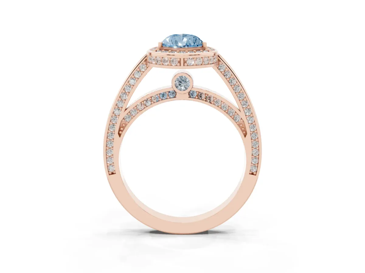 Fancy Blue Pear Cut Cut Halo Pave Split Shank Prong Setting Ring Rose gold