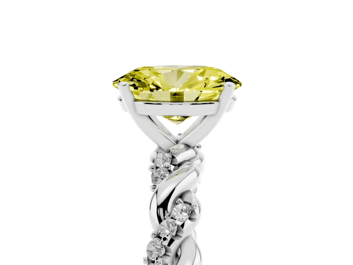 Fancy Yellow Oval Cut Diamond Solitaire Ring with Twisted Band and Pavé Accents White gold