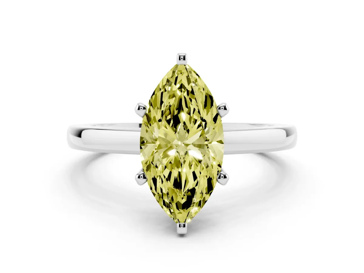Fancy Yellow Marquise Cut Solitaire Diamond Engagement Ring with Four-Prong Setting on a Classic Band Platinum