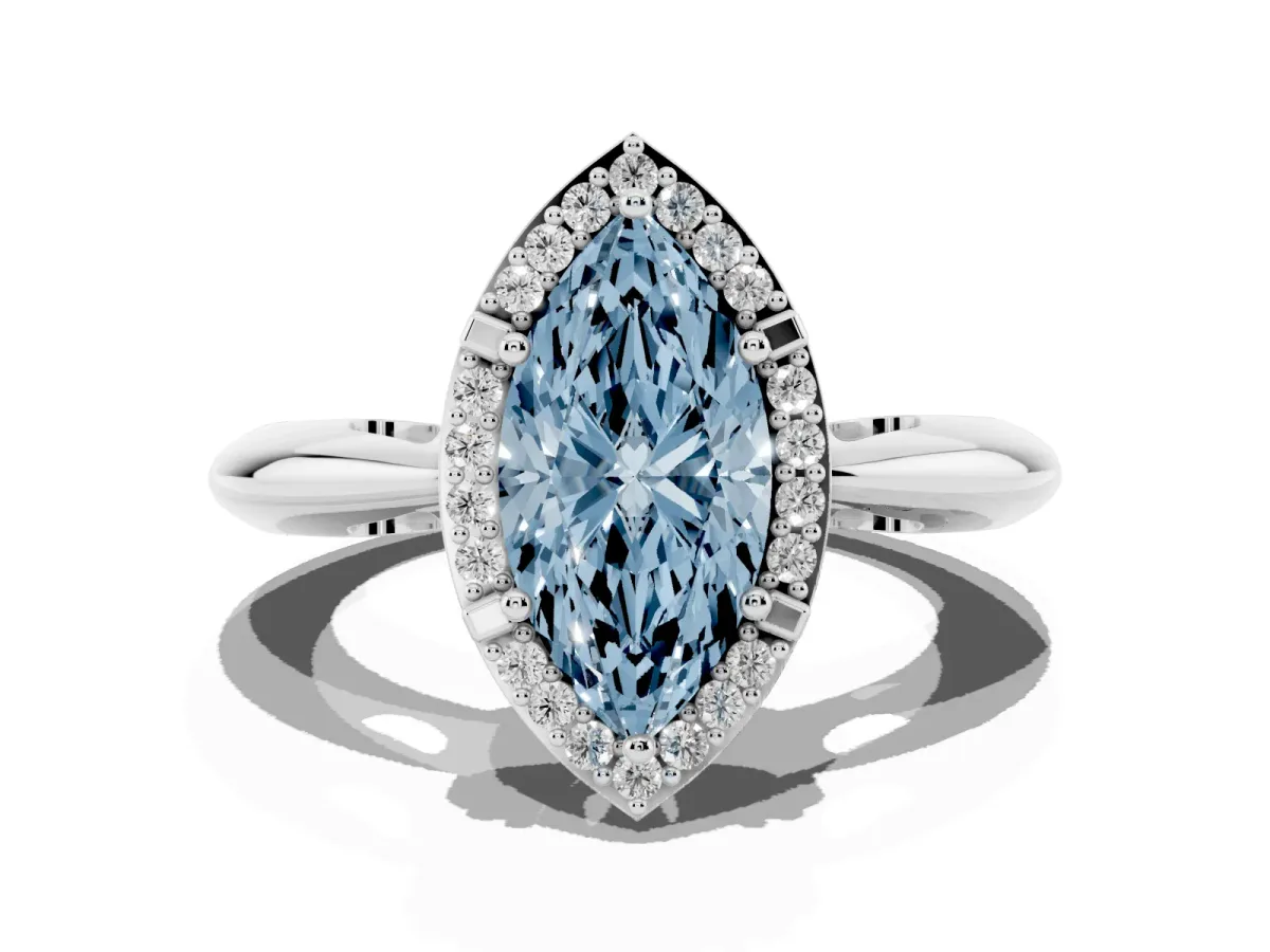 Fancy Blue Marquise Cut Cut Diamond Halo Engagement Ring with Split Shank and Four-Prong Setting Silver