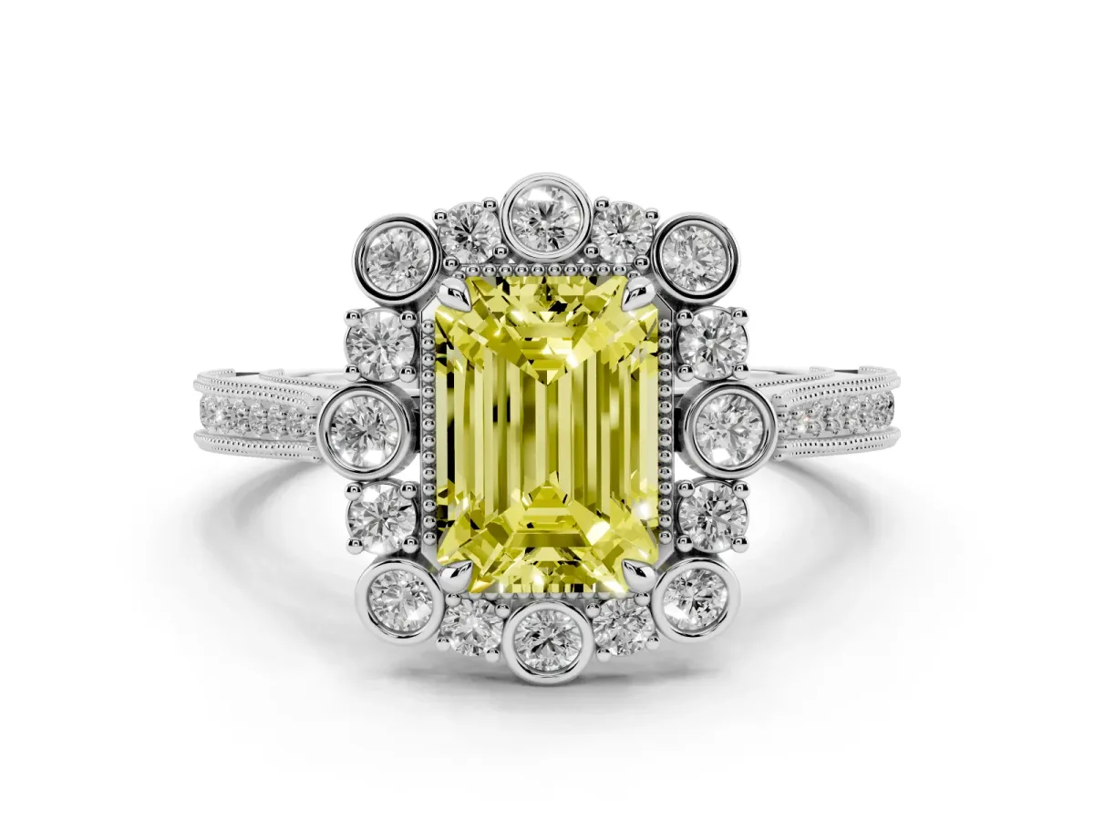 Fancy Yellow Emerald Cut Halo Milgrain Pave Diamond Ring with Four-Prong Setting Silver