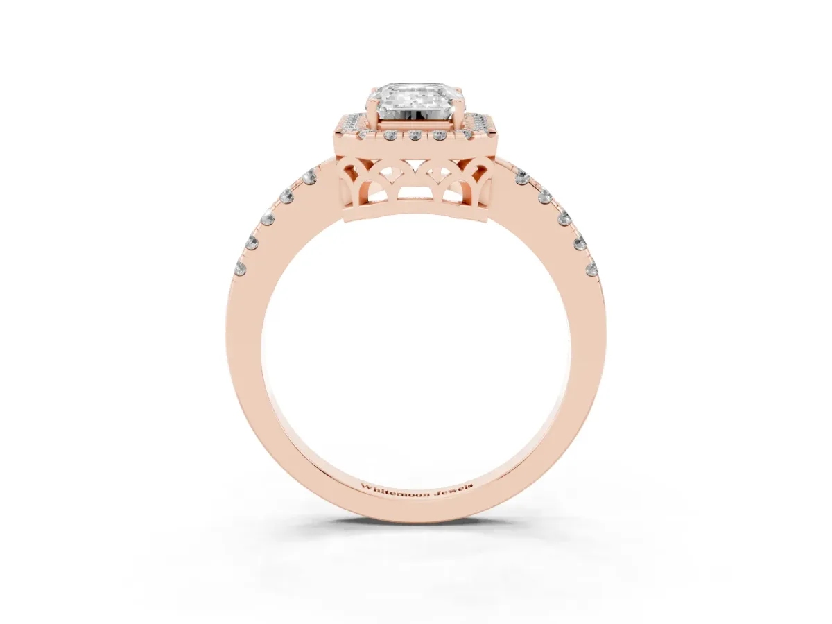 Emerald Cut Halo Diamond Engagement Ring with Pavé Band and Four-Prong Setting Rose gold