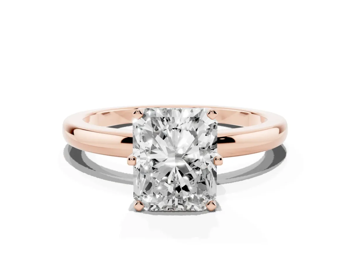 Radiant Cut Solitaire Diamond Ring with Six-Prong Setting on a Classic Band Rose gold