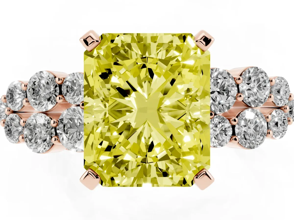 Fancy Yellow Radiant Cut Cluster Diamond Engagement Ring with Pavé Band and Four-Prong Setting Rose gold
