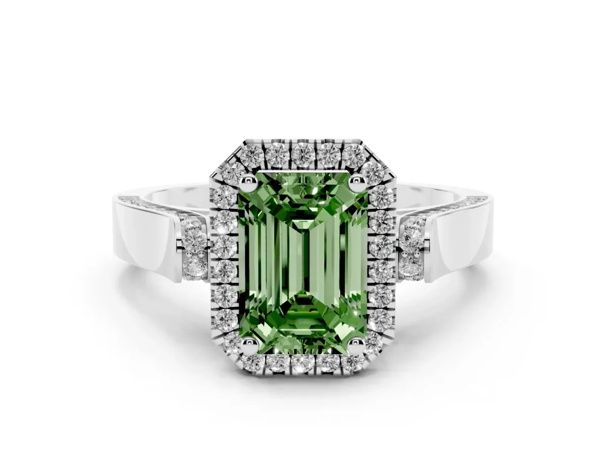 Fancy Green Emerald Cut Halo Pave Split Shank Prong Setting Ring Silver