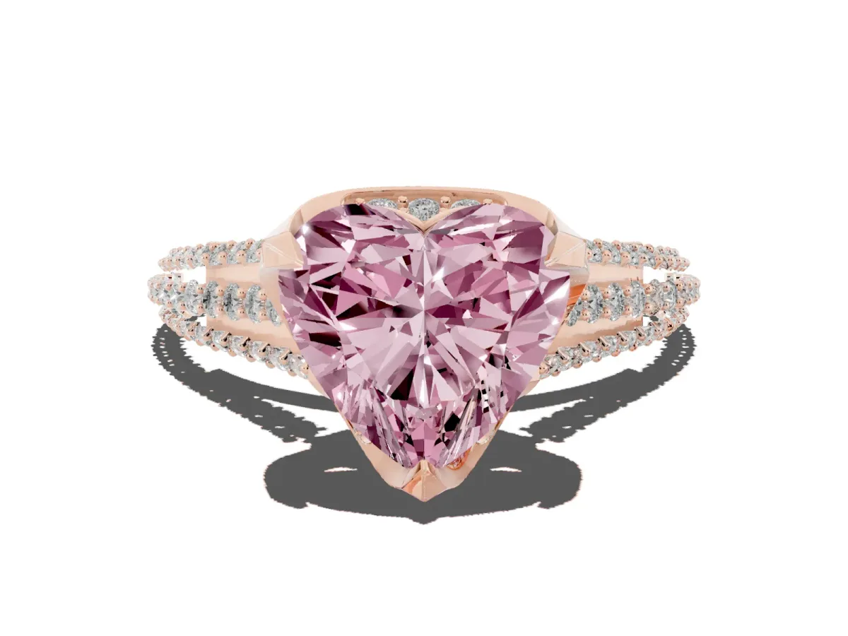 Fancy Pink Heart Cut Solitaire Pave Split Shank Ring with Four-Prong Setting Rose gold