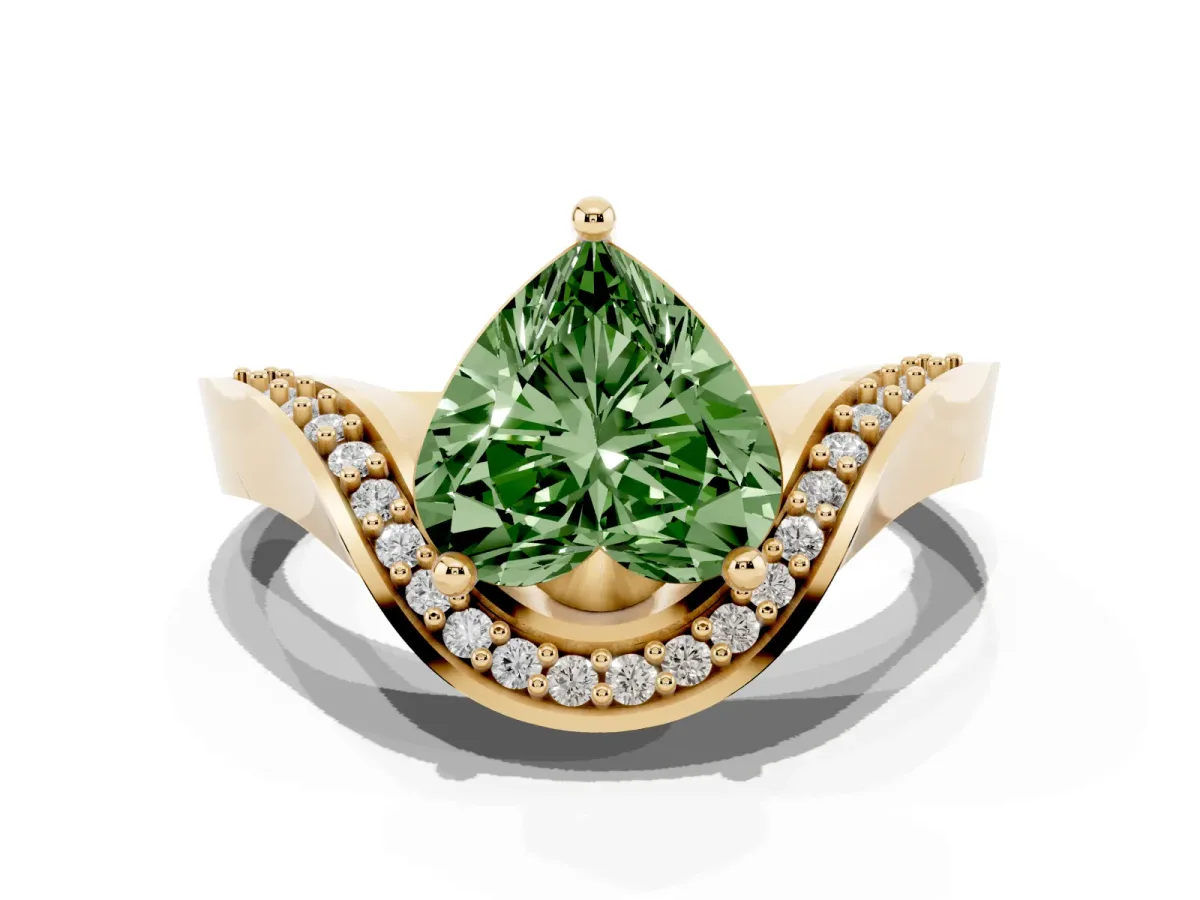 Fancy Green Heart Cut Solitaire Diamond Engagement Ring with Pave Band and Four-Prong Setting Yellow gold