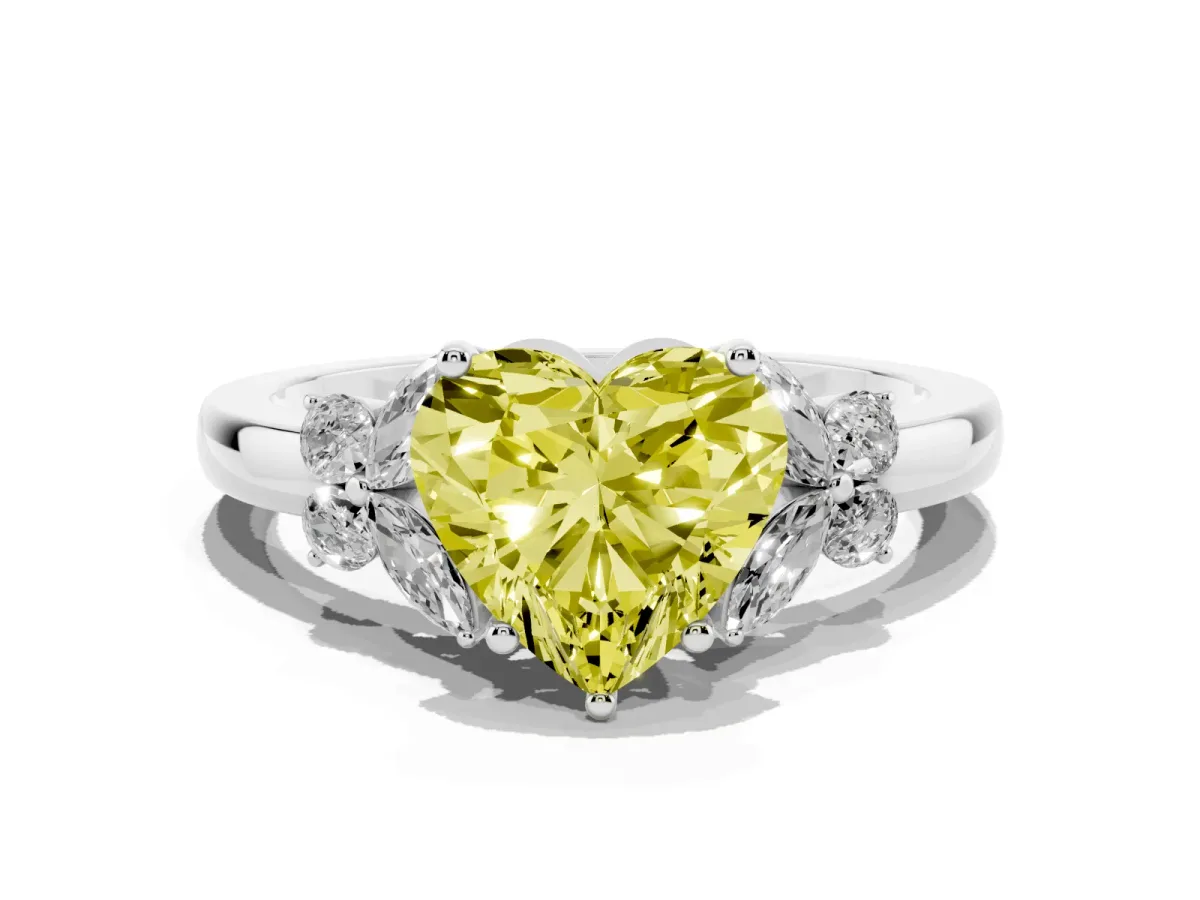 Fancy Yellow Heart Cut Cut Solitaire Floral Diamond Ring with Four-Prong Setting Silver