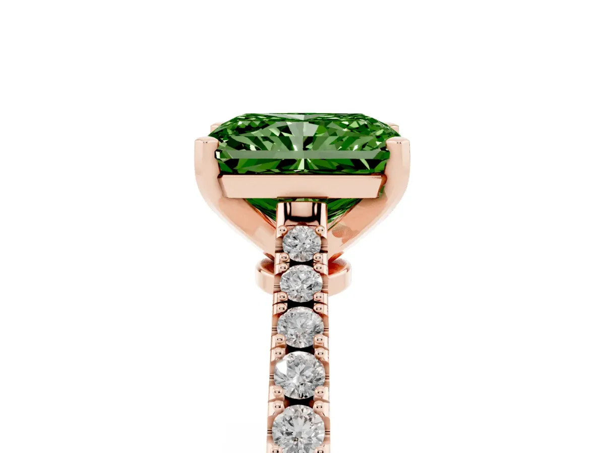 Fancy Green Radiant Cut Cut Solitaire Diamond Engagement Ring with Pave Band and Four-Prong Setting Rose gold
