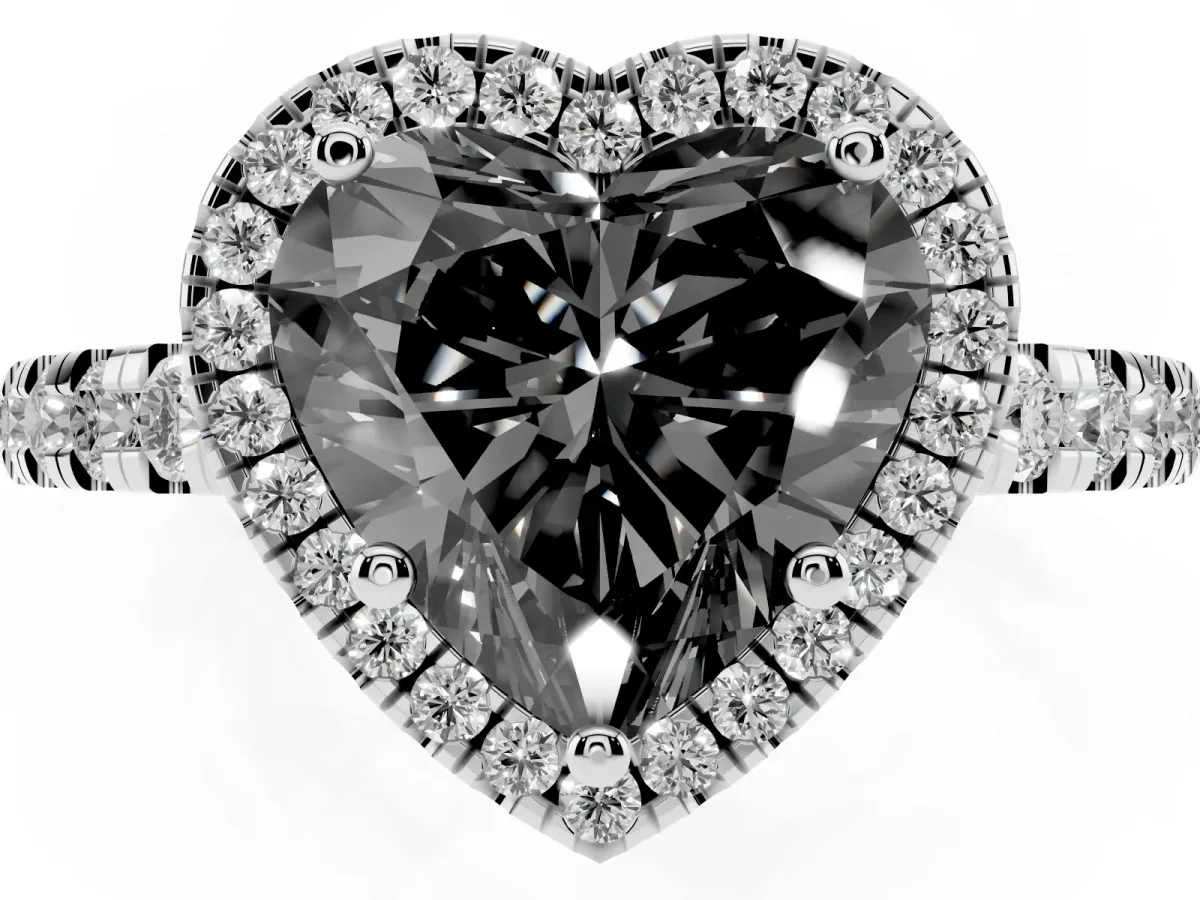 Fancy Black Heart Cut Diamond Halo Ring with Pavé Band and Four-Prong Setting White gold