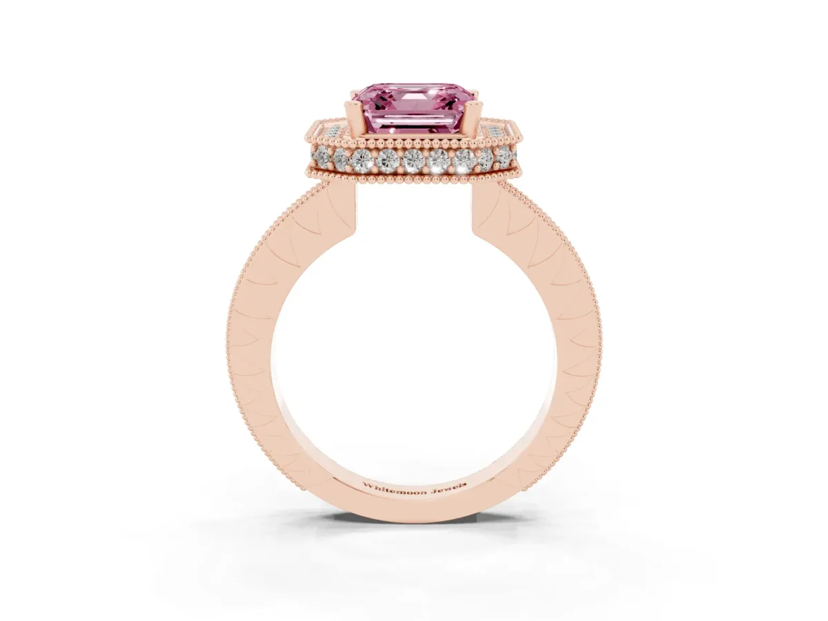 Fancy Pink Asscher Cut Diamond Milgrain Halo Engagement Ring with Round Pavé Band and Prong Setting Rose gold