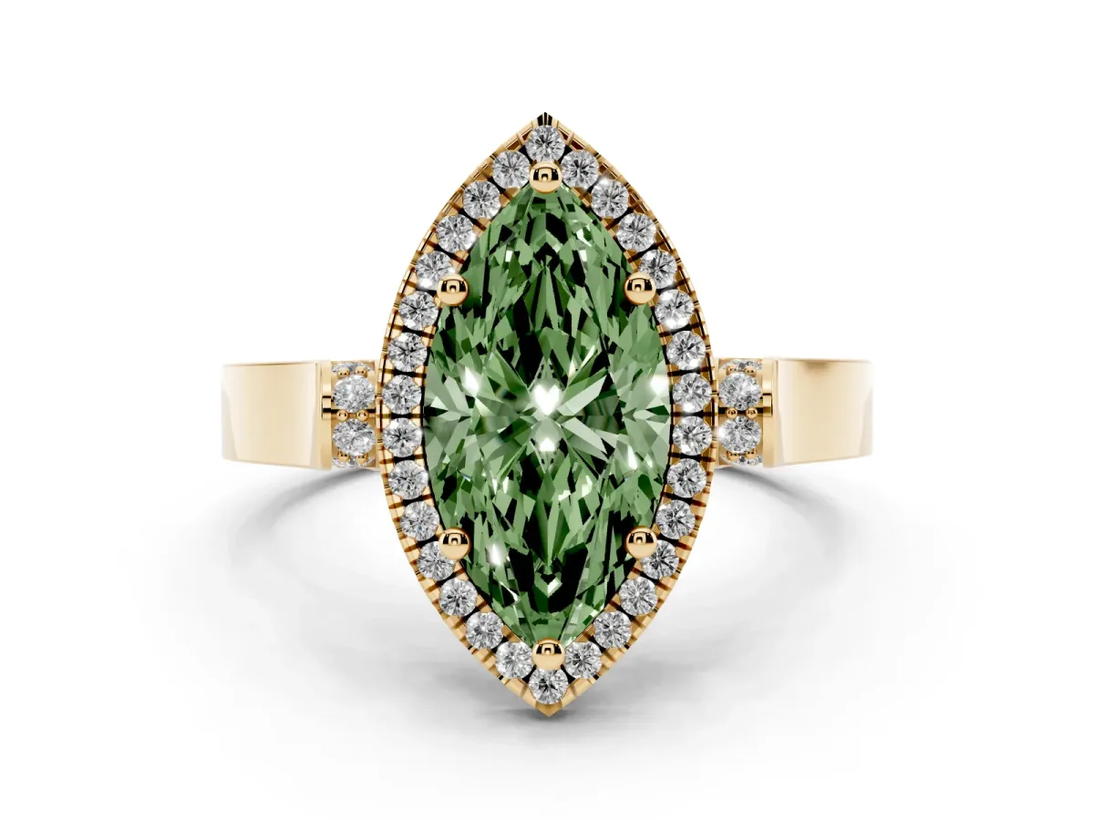 Fancy Green Marquise Cut Halo Round Diamond Twist Band with Four-Prong Setting Yellow gold