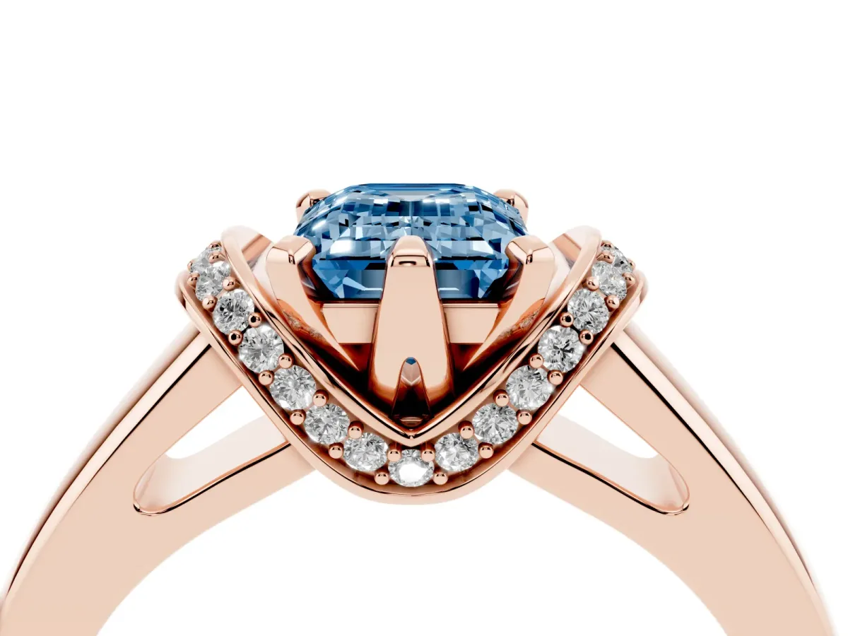Fancy Blue Emerald Cut Solitaire Diamond Ring with Pave Band and Six-Prong Setting Rose gold