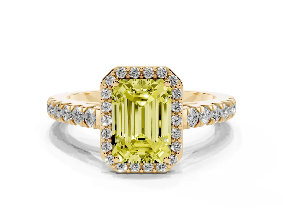 Fancy Yellow Emerald Cut Cut Halo Diamond Engagement Ring with Pave Band and Four-Prong Setting Yellow gold