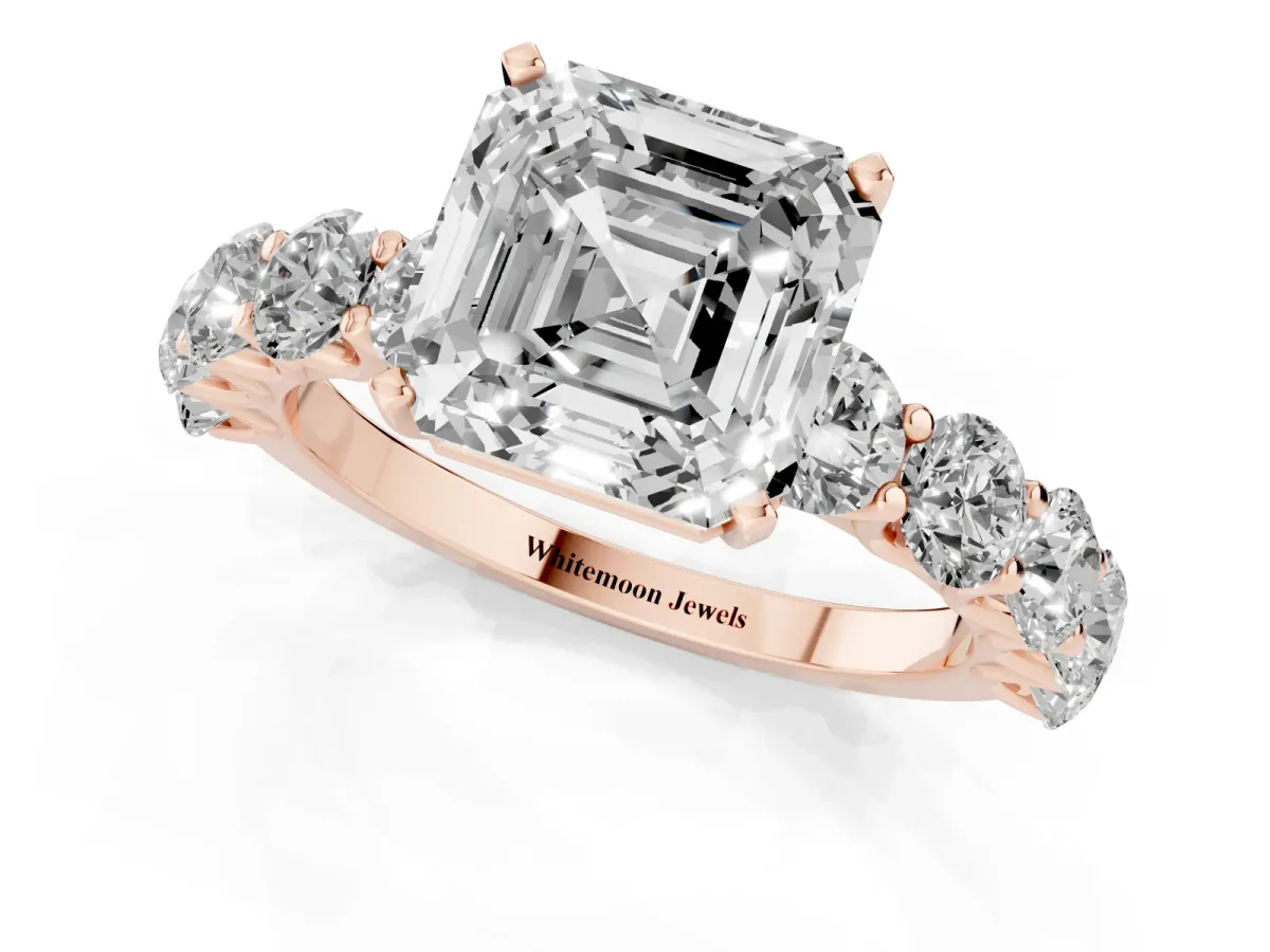 Asscher Cut Diamond Prong Setting with Side Stones on a Pave Band Rose gold