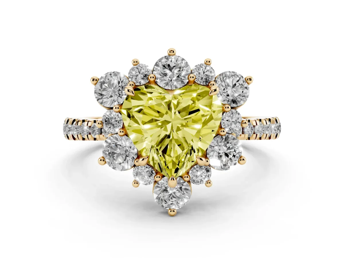 Fancy Yellow Heart Cut Diamond Floral Halo Ring with Round Pavé Band and Prong Setting Yellow gold