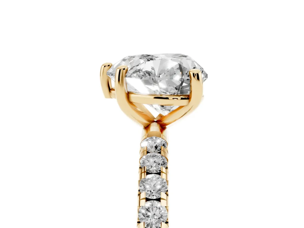 Heart Cut Cut Diamond Solitaire Ring with Micro Pave Band and Four Prong Setting Yellow gold