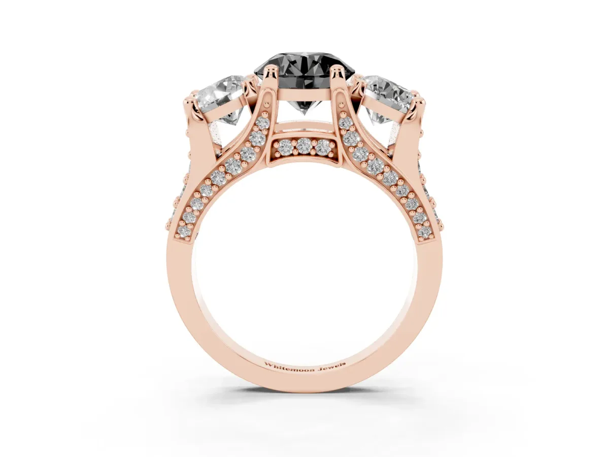 Fancy Black Round Cut Diamond Three-Stone Ring with Channel Set Band and Four-Prong Setting Rose gold