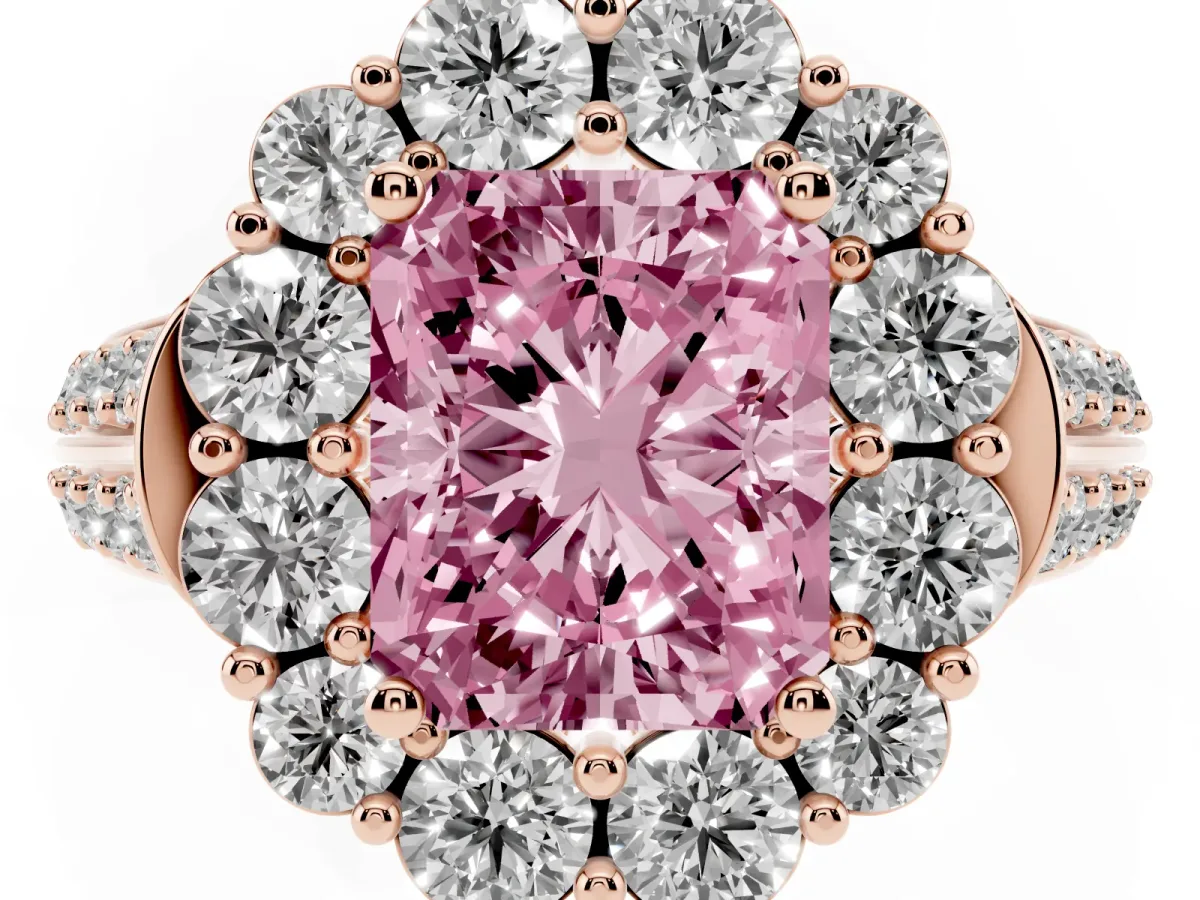 Fancy Pink Radiant Cut Halo Diamond Engagement Ring with Split Shank and Prong Setting Rose gold