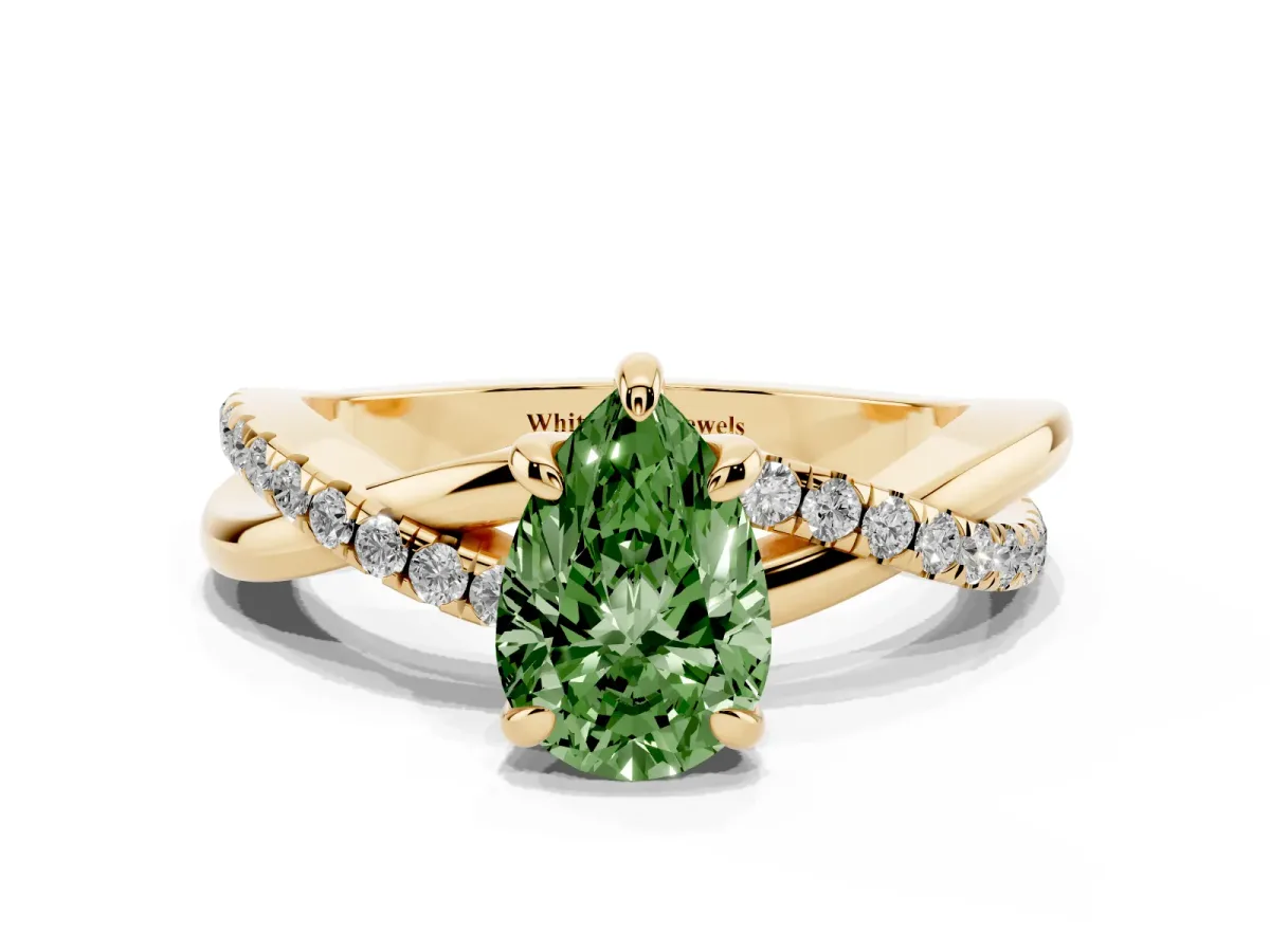 Fancy Green Pear Cut Cut Diamond Twist Band Solitaire with Prong Setting Yellow gold