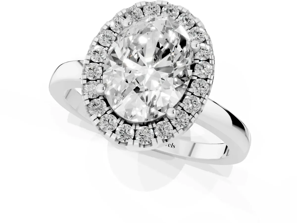 Oval Cut Halo Diamond Solitaire with Pavé Band and Four-Prong Setting White gold