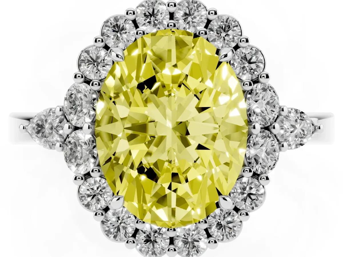 Fancy Yellow Oval Cut Diamond Halo Ring with Pear Side Stones and Prong Setting Silver
