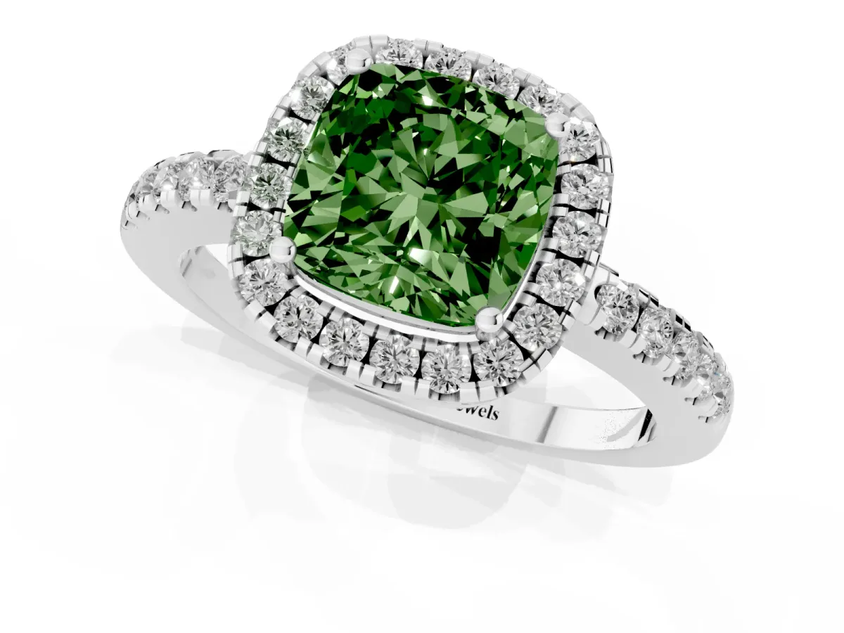 Fancy Green Cushion Cut Halo Diamond Engagement Ring with Pavé Band and Four-Prong Setting Platinum