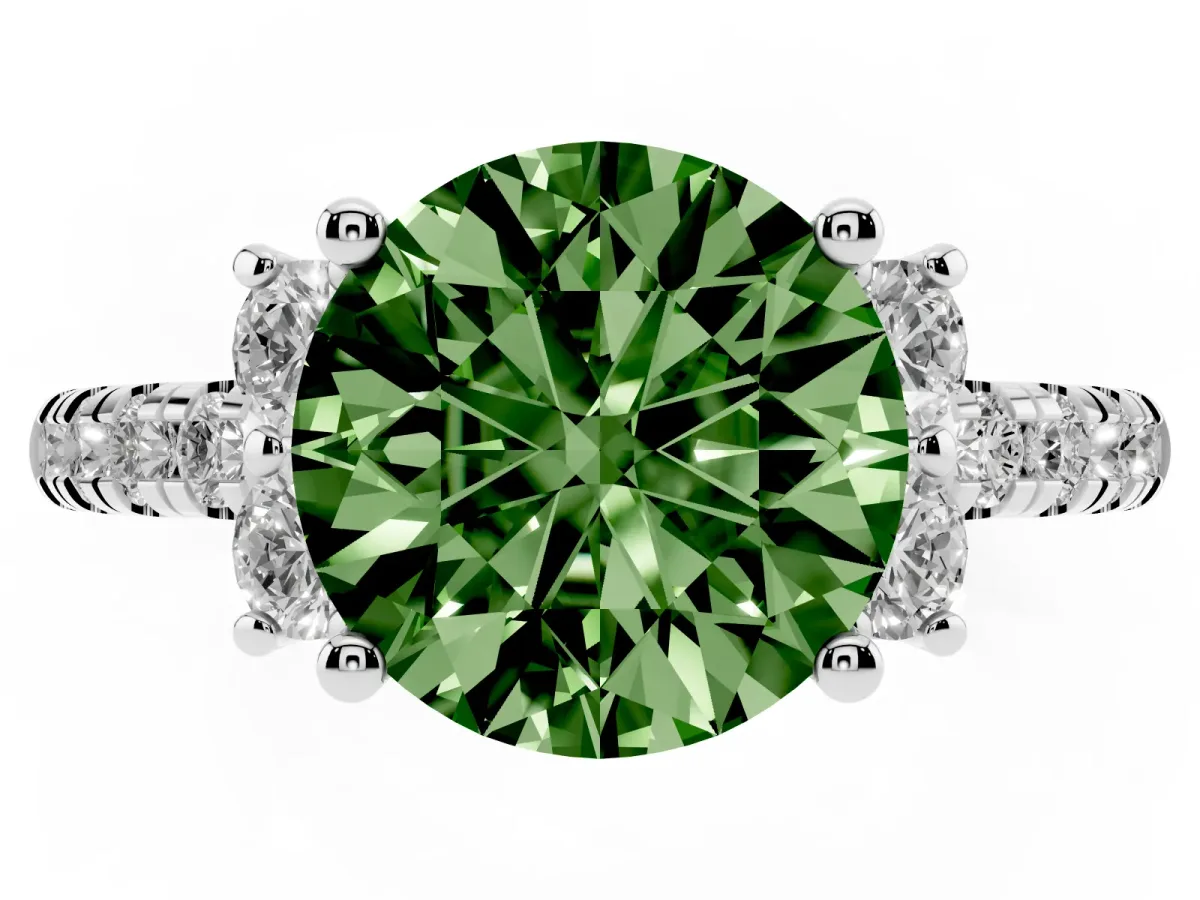 Fancy Green Round Cut Diamond Three-Stone Pave Band with Four-Prong Setting Silver