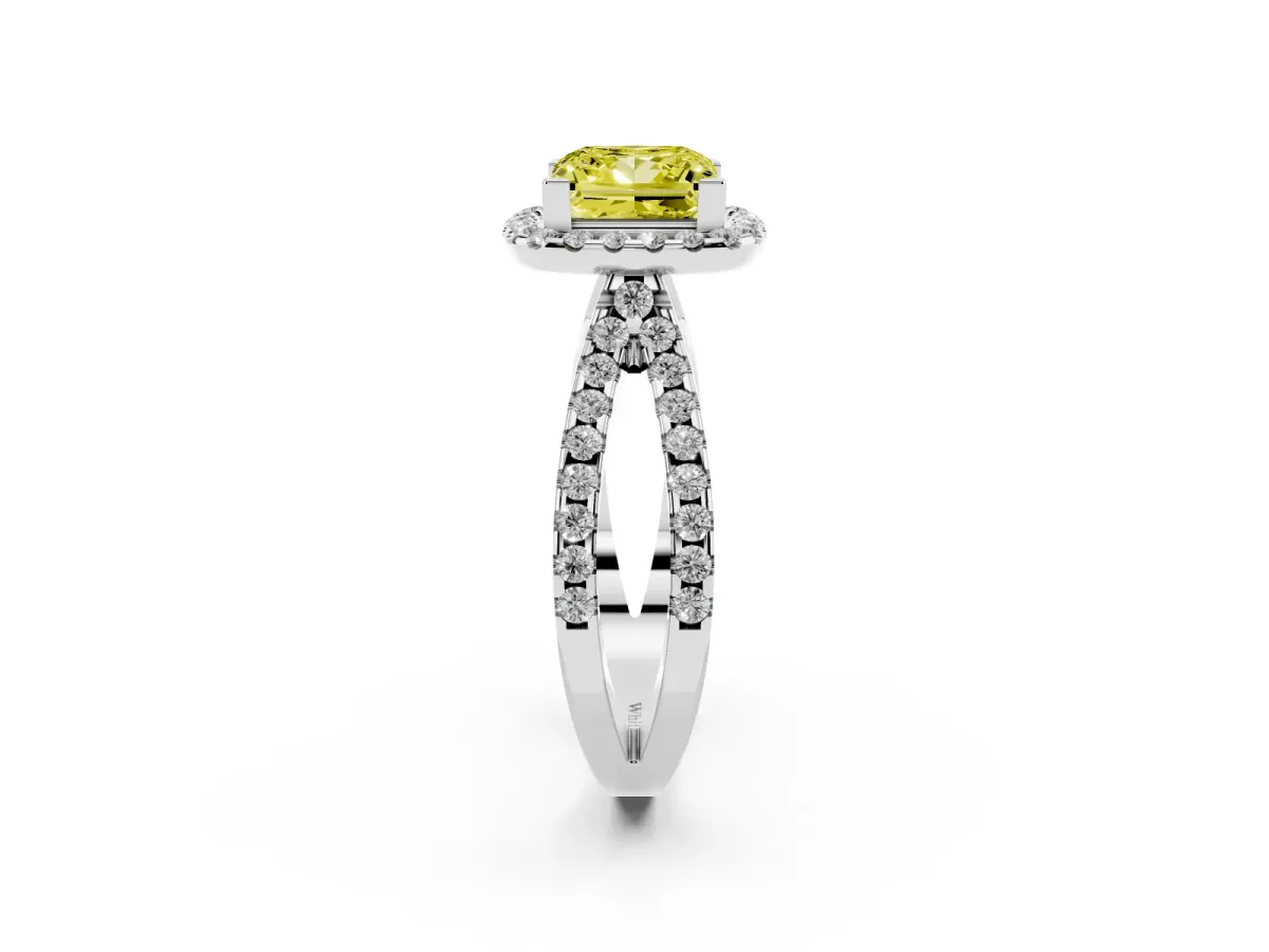 Fancy Yellow Princess Cut Diamond Halo Ring with Split Shank Pavé Band and Prong Setting White gold