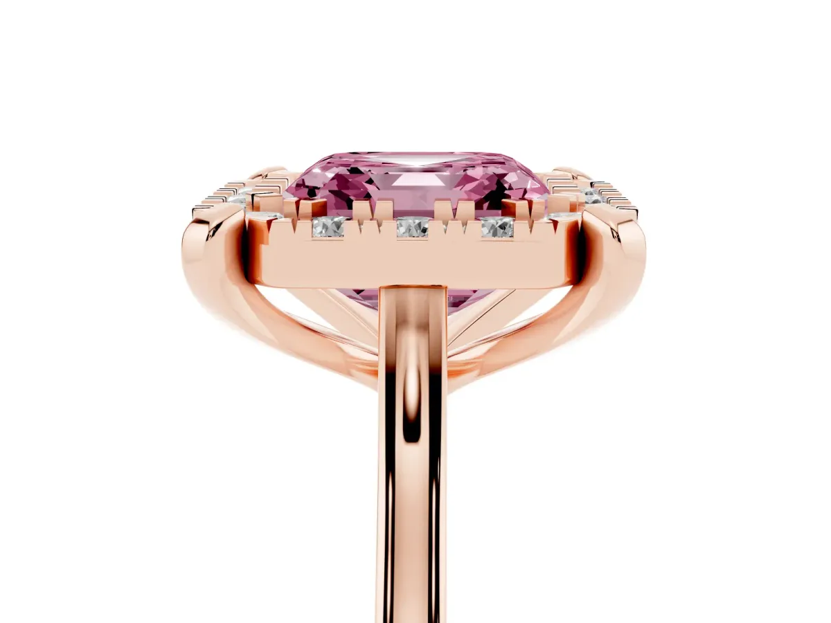 Fancy Pink Asscher Cut Diamond Cluster Halo Solitaire with Four-Prong Setting Rose gold