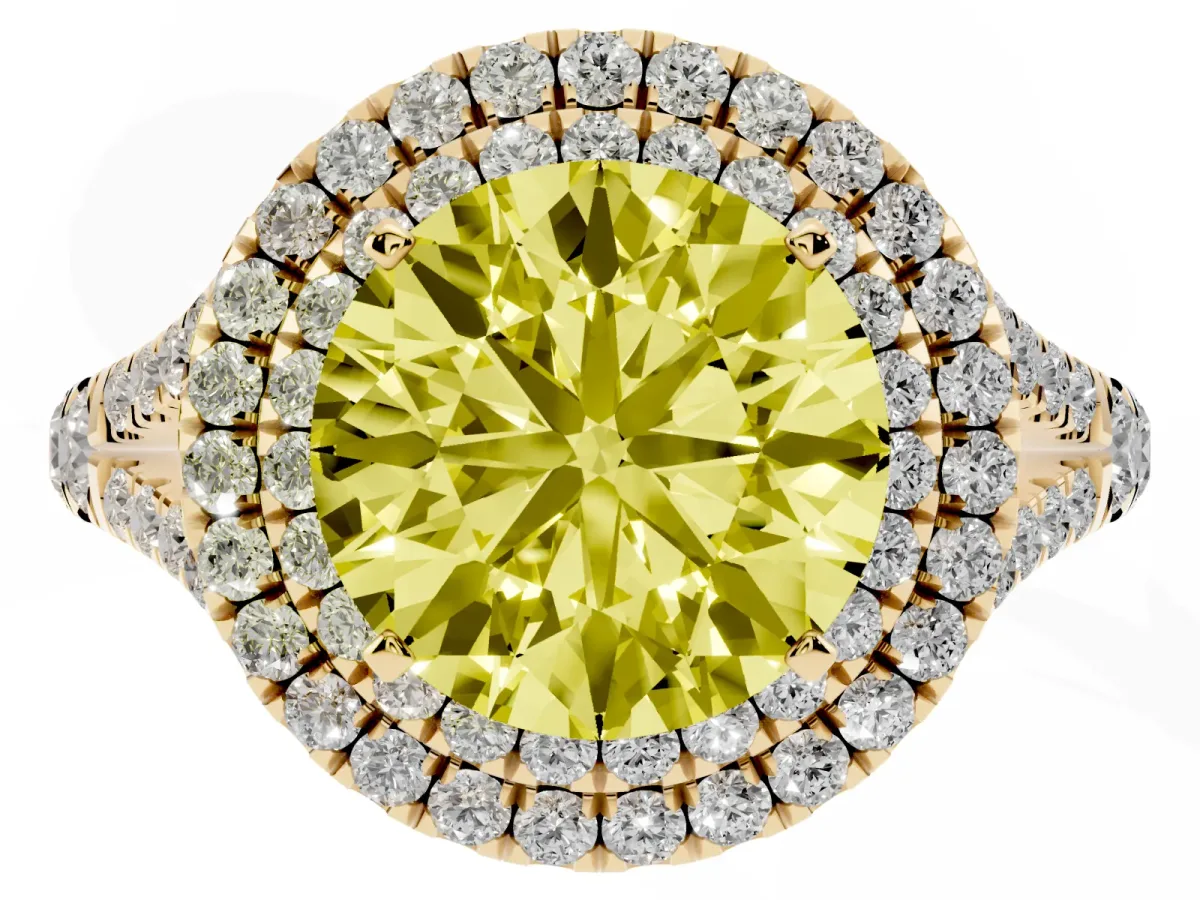 Fancy Yellow Round Cut Cut Double Halo Split Shank Diamond Ring with Prong Setting Yellow gold