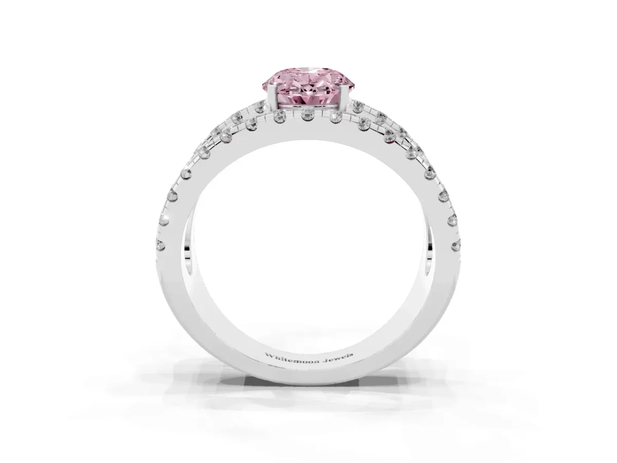 Fancy Pink Oval Cut Solitaire Split Shank Pave Diamond Ring White gold