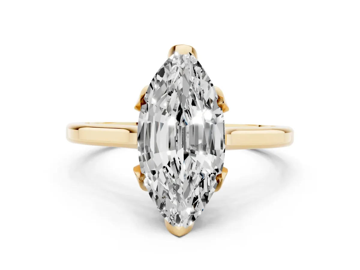 Marquise Cut Diamond Solitaire Ring with Flower Prong Setting and Classic Band Yellow gold