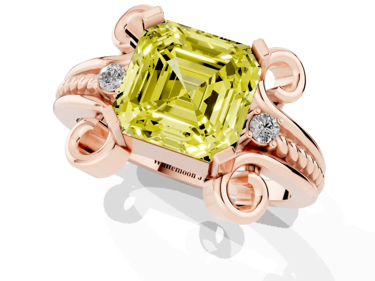 Fancy Yellow Asscher Cut Solitaire Twisted Band Scroll Prong Ring Rose gold