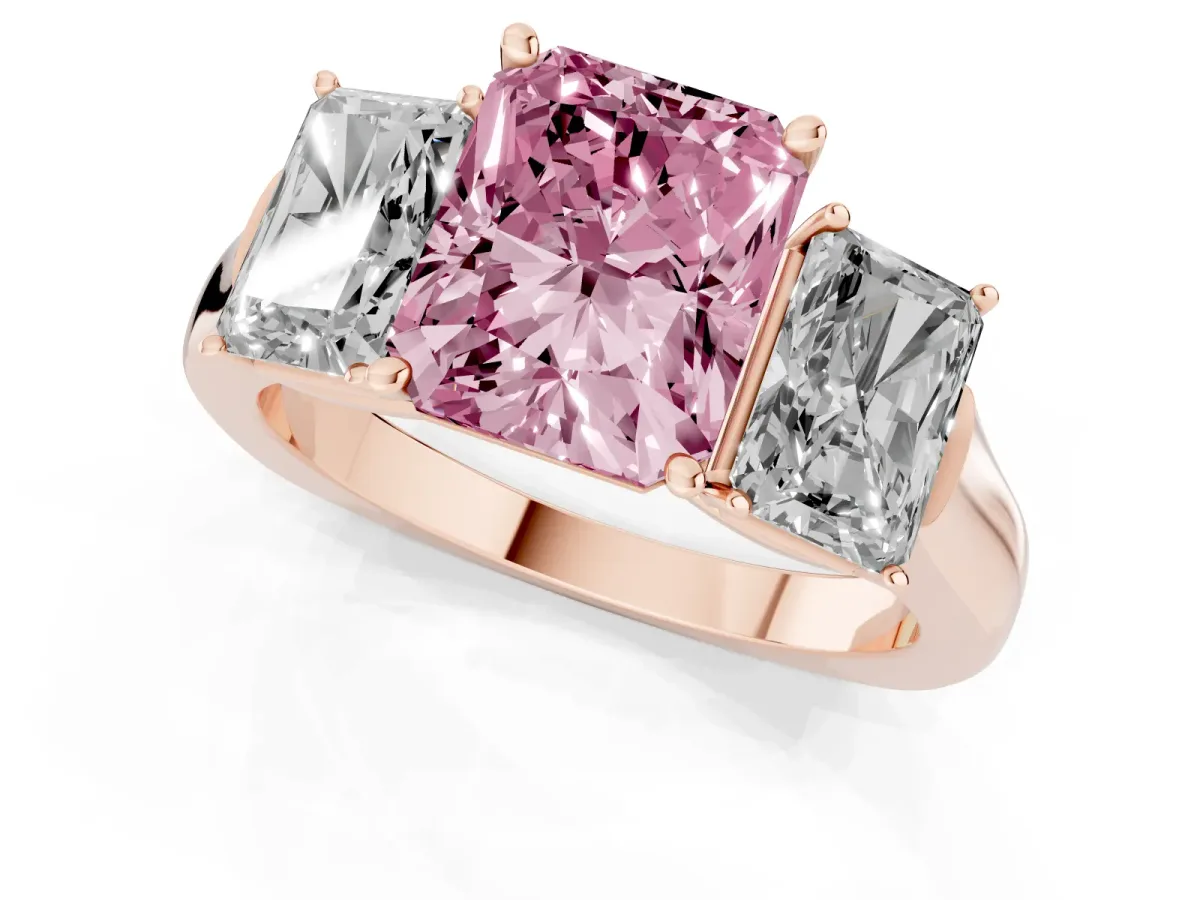 Fancy Pink Three-Stone Radiant Cut Brilliant Diamond Trellis Ring with Comfort Fit Band Rose gold