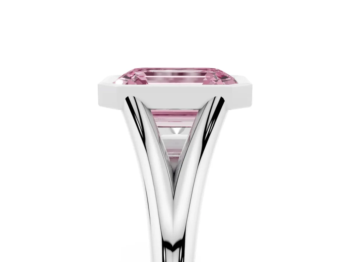 Fancy Pink Bezel Set Emerald Cut Cut Solitaire Ring with Tapered Band Silver