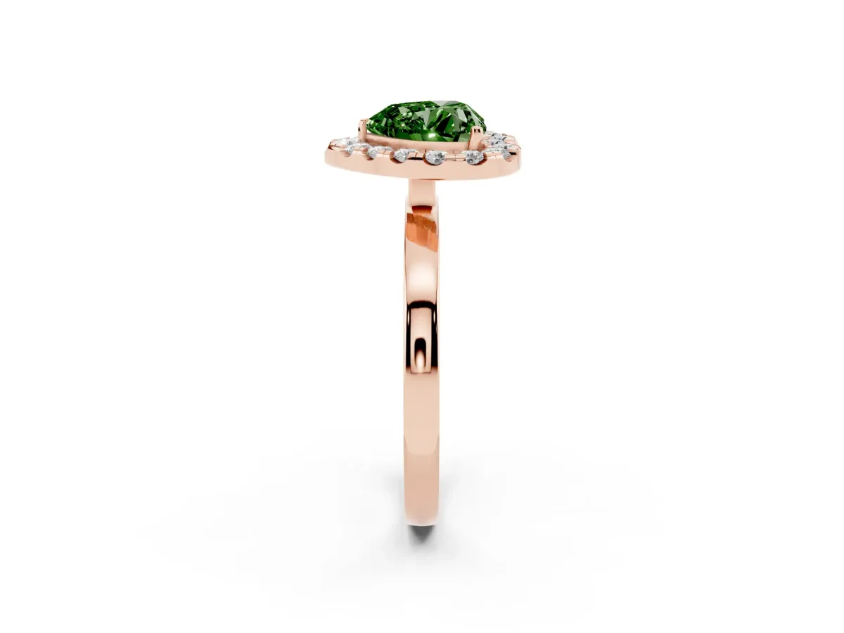 Fancy Green Heart Cut Halo Diamond Solitaire with Pavé Band and Four-Prong Setting Rose gold