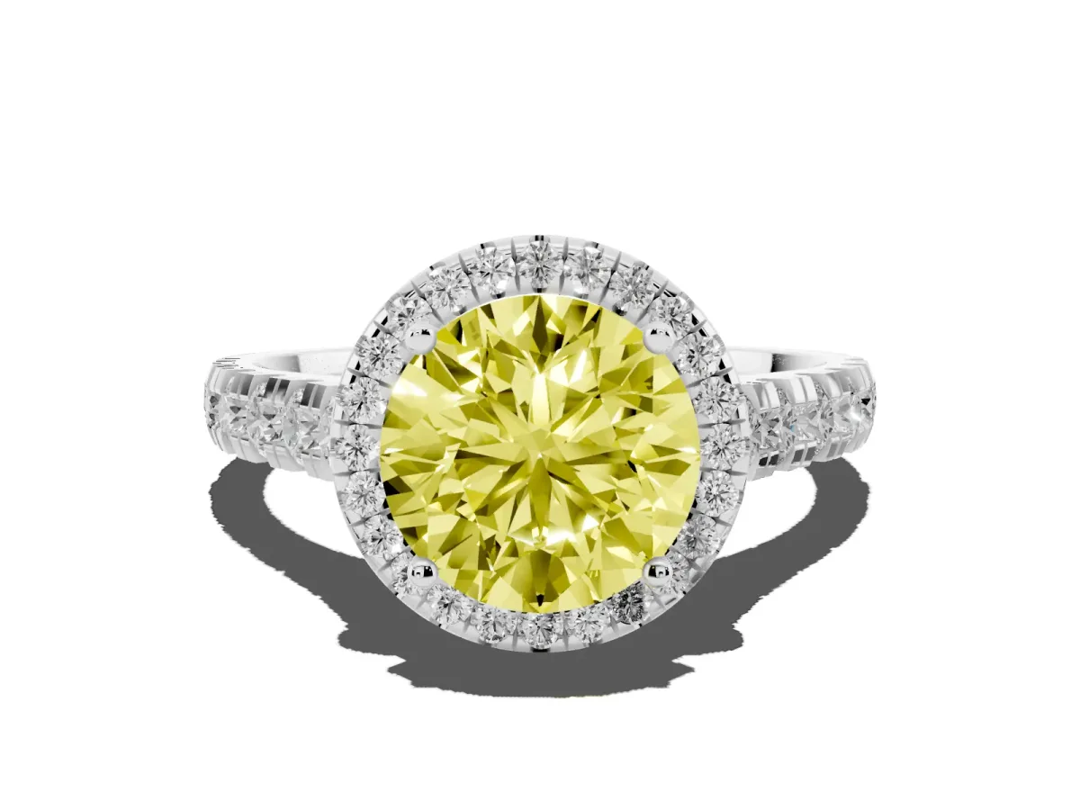 Fancy Yellow Round Cut Halo Pavé Diamond Engagement Ring with Four-Prong Setting Silver