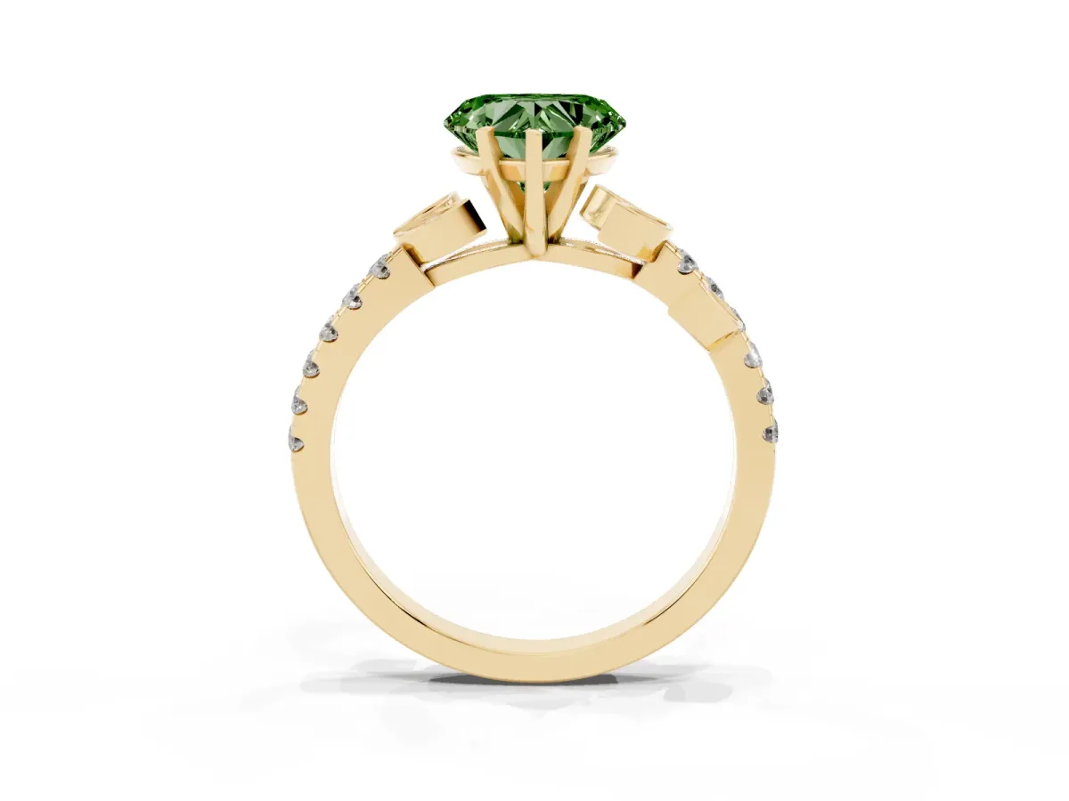 Fancy Green Heart Cut Solitaire Leaf-Inspired Diamond Ring with Pavé Band and Four-Prong Setting Yellow gold