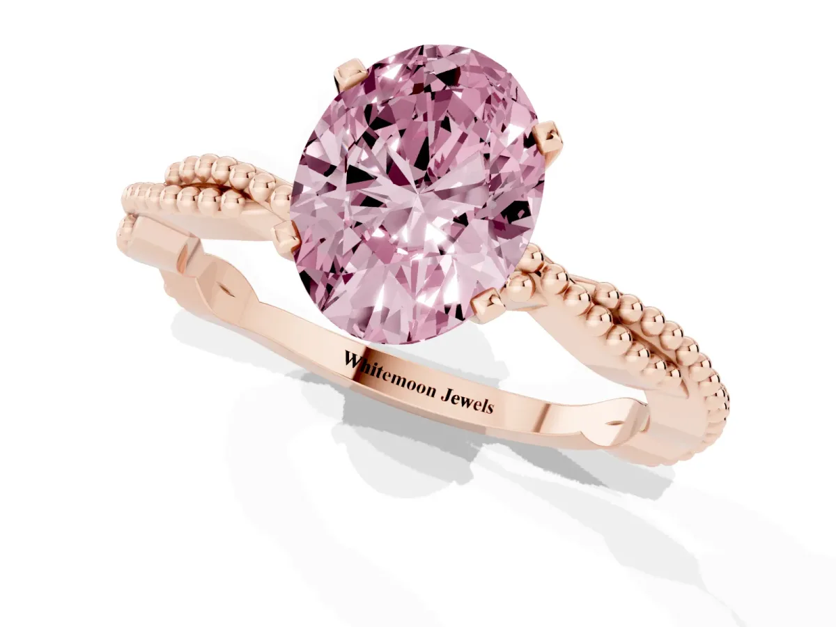 Fancy Pink Oval Cut Solitaire Twisted Band with Bead Prong Setting Rose gold