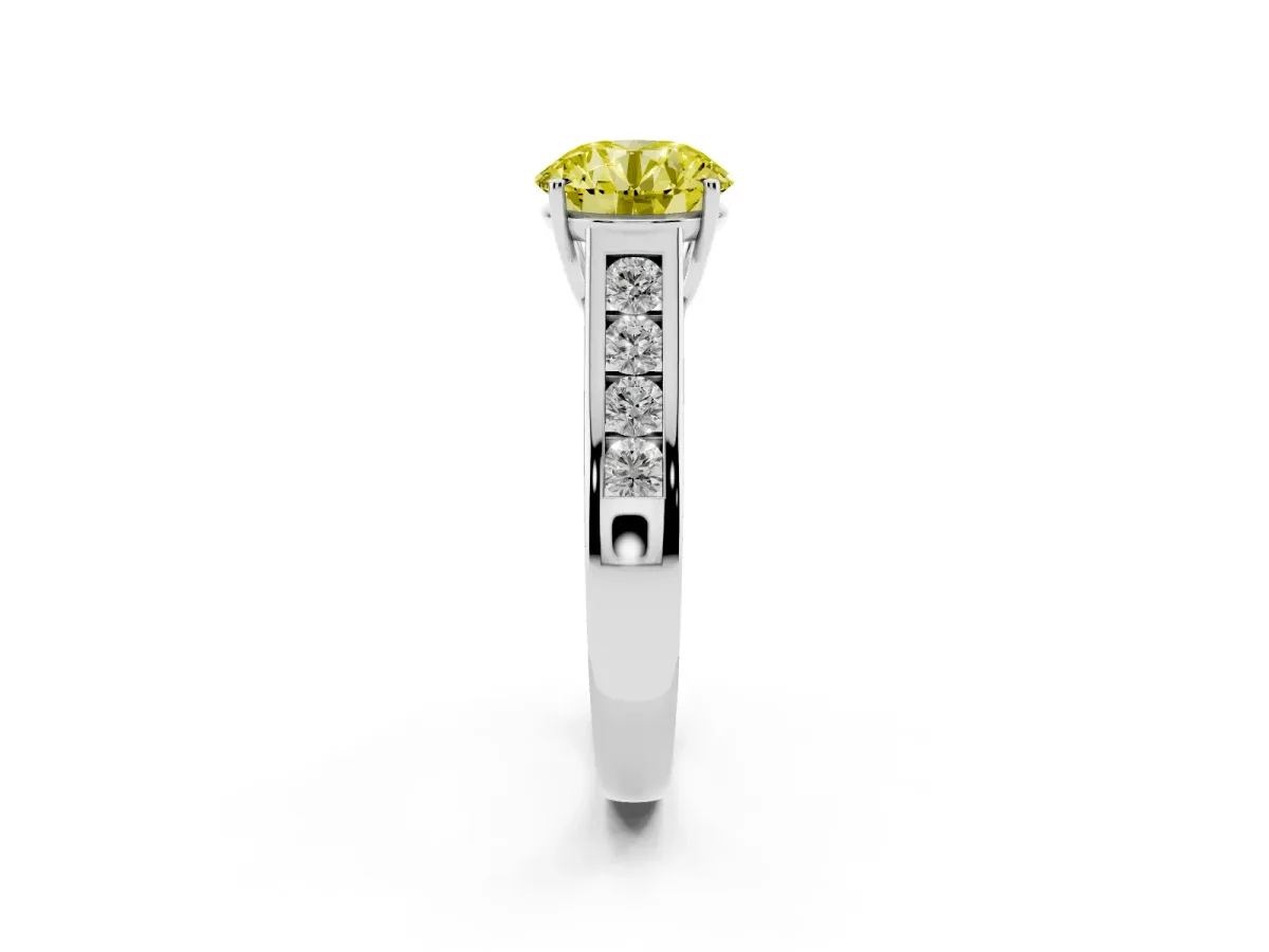 Fancy Yellow Round Cut Brilliant Channel-Set Solitaire Ring with Four-Prong Setting Silver