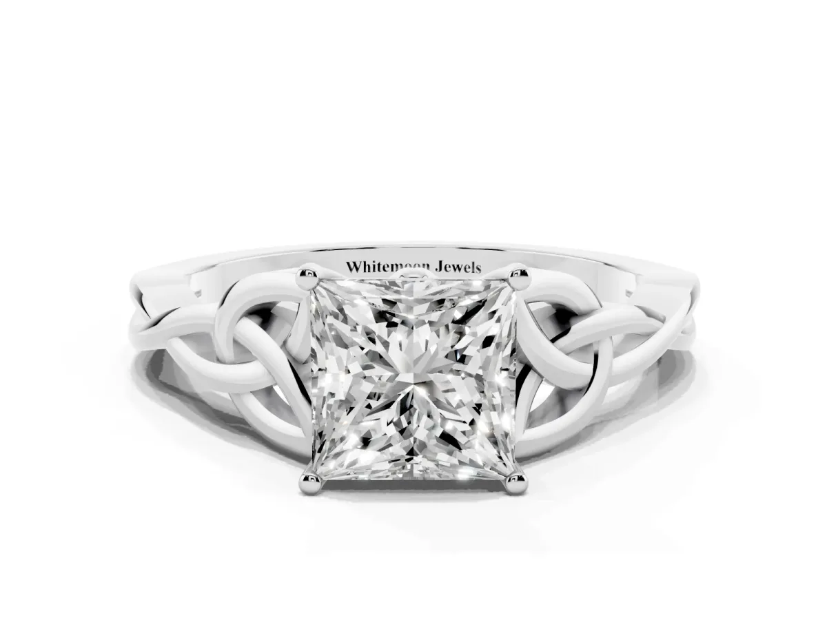 Princess Cut Diamond Solitaire Engagement Ring with Celtic Knot Band and Four-Prong Setting White gold