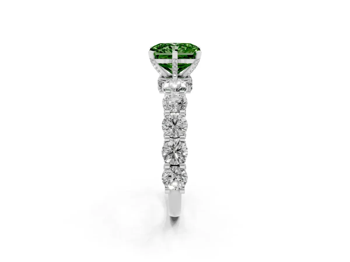 Fancy Green Radiant Cut Diamond Side Stone Engagement Ring with Four-Prong Setting Silver
