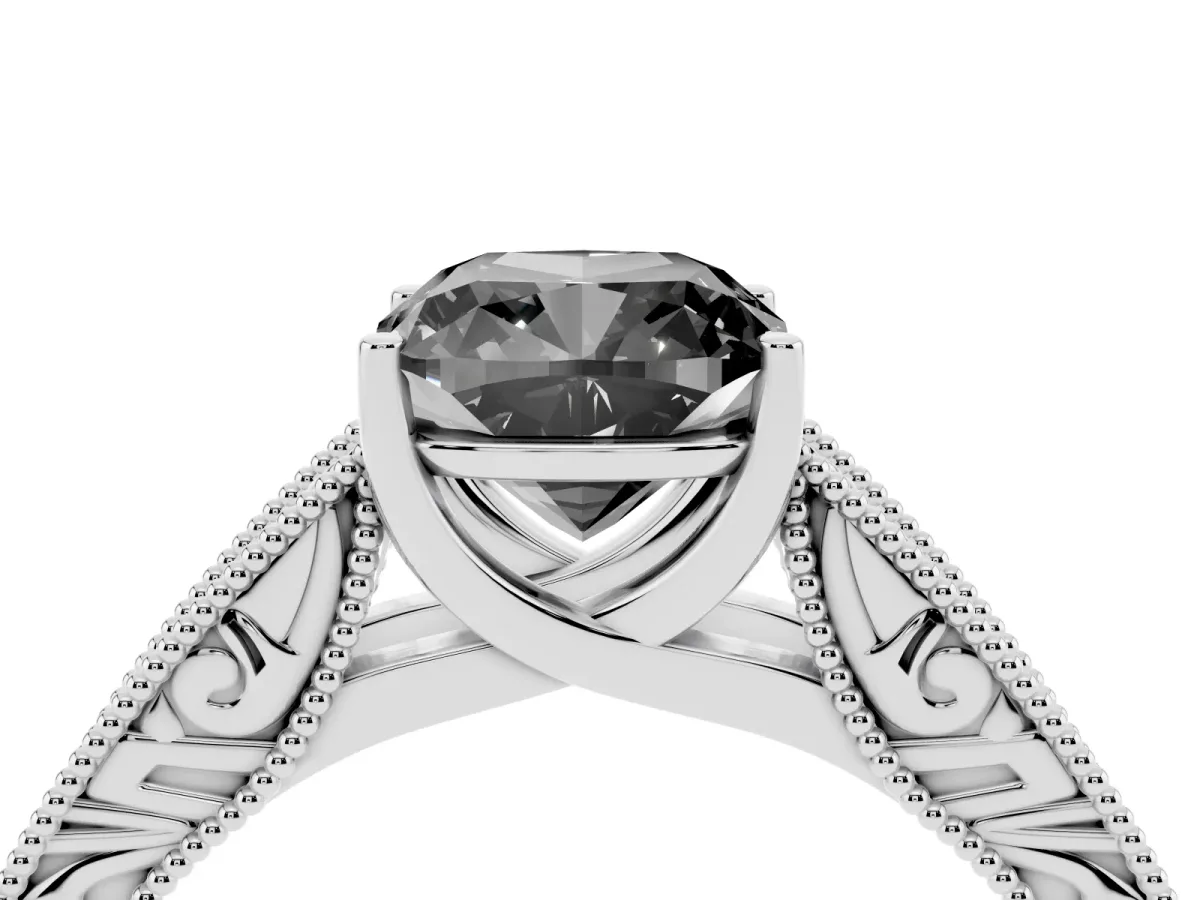 Fancy Black Cushion Cut Diamond Solitaire Ring with Engraved Band and Four-Prong Setting Silver