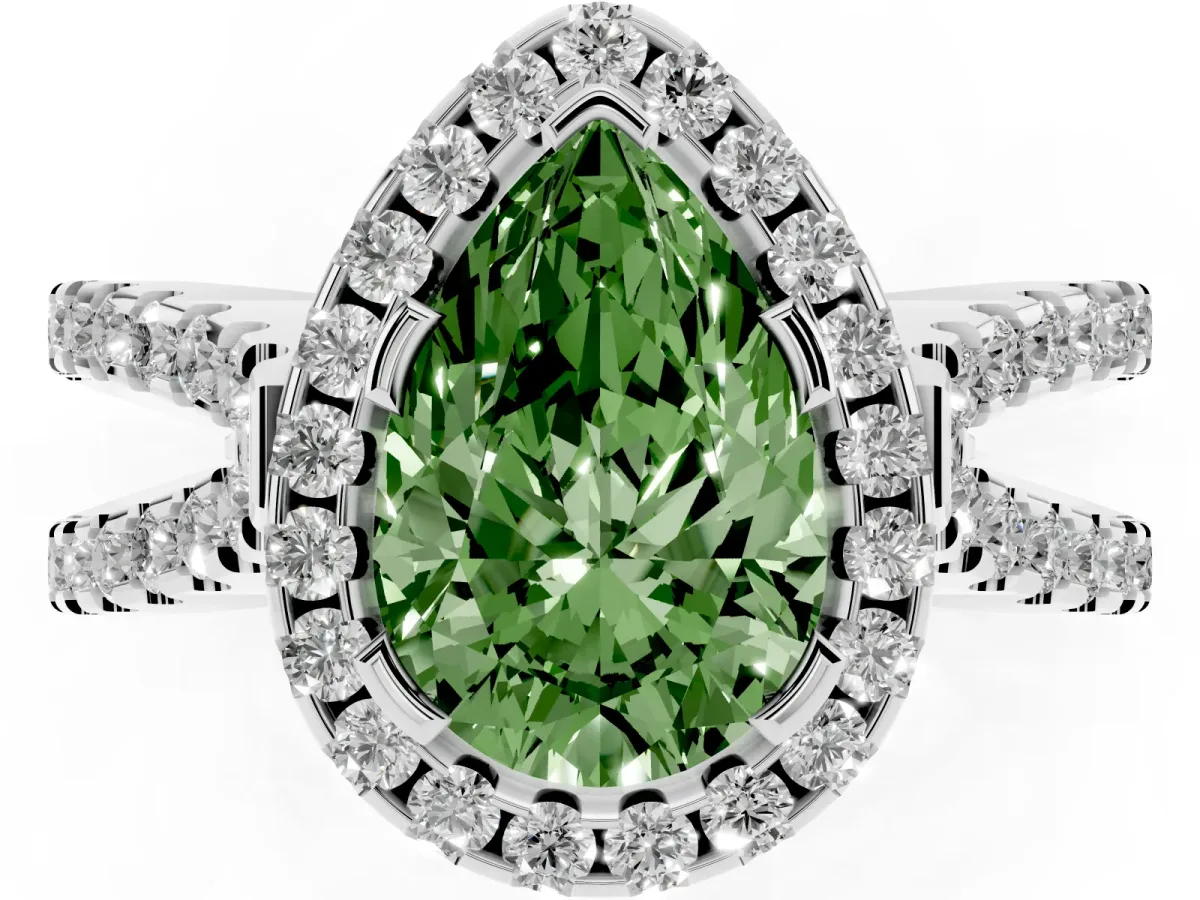 Fancy Green Pear Cut Diamond Halo Ring with Split Shank Pavé Band and Prong Setting Silver